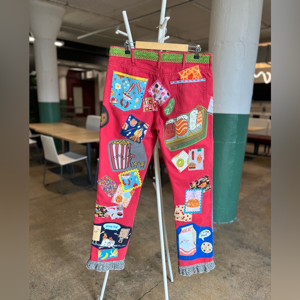 Funny Foods Upcycled Patchwork Collage Jeans - image 2